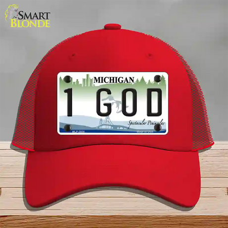 1 GOD Michigan State Novelty License Plate Hat Mesh / Red