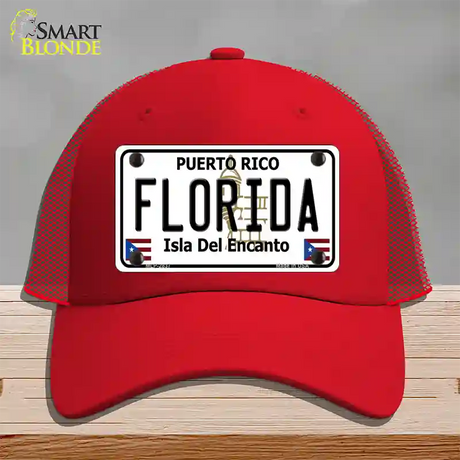 Florida Puerto Rico Novelty License Plate Hat Mesh / Red