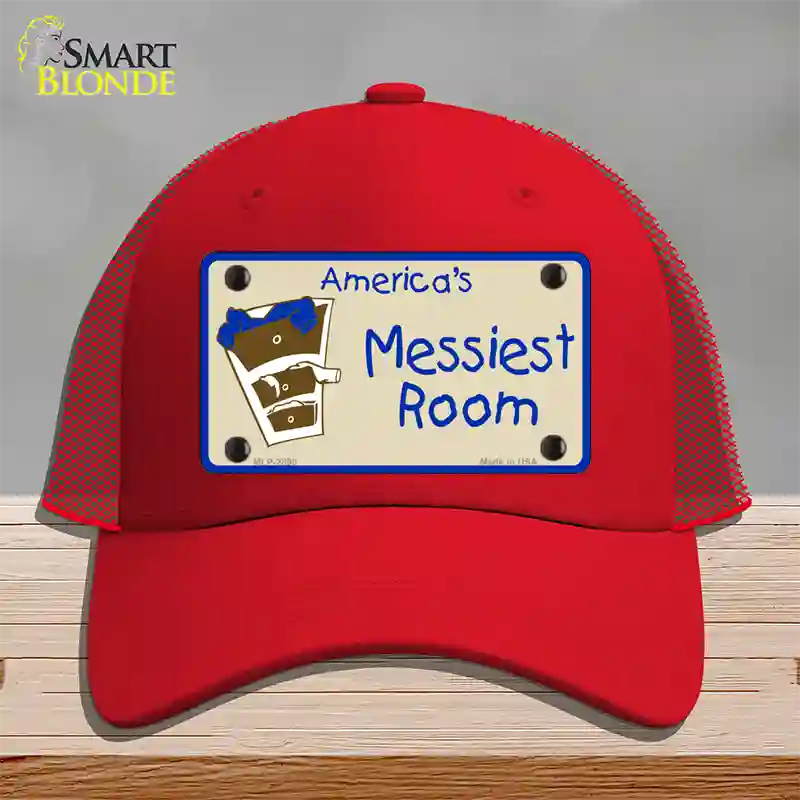 Americas Messiest Room Novelty License Plate Hat Mesh / Red