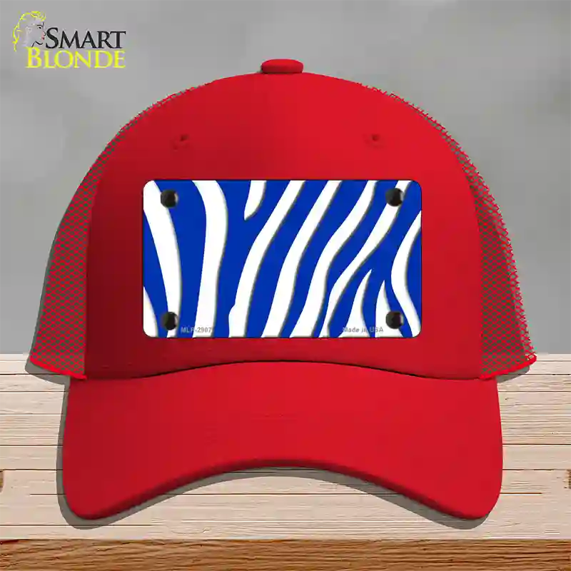 Blue White Zebra Novelty License Plate Hat Mesh / Red