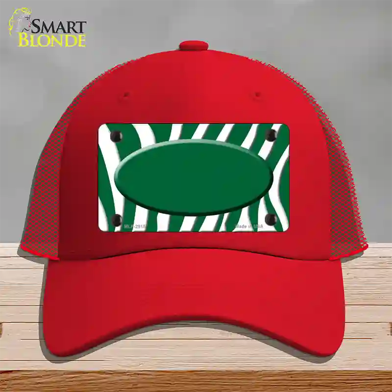 Green White Zebra Green Center Oval Novelty License Plate Hat Mesh / Red