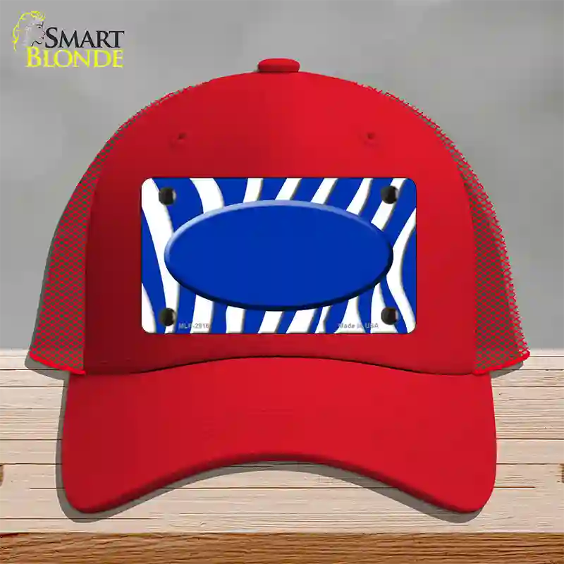 Blue White Zebra Blue Center Oval Novelty License Plate Hat Mesh / Red