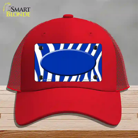 Blue White Zebra Blue Center Oval Novelty License Plate Hat Mesh / Red