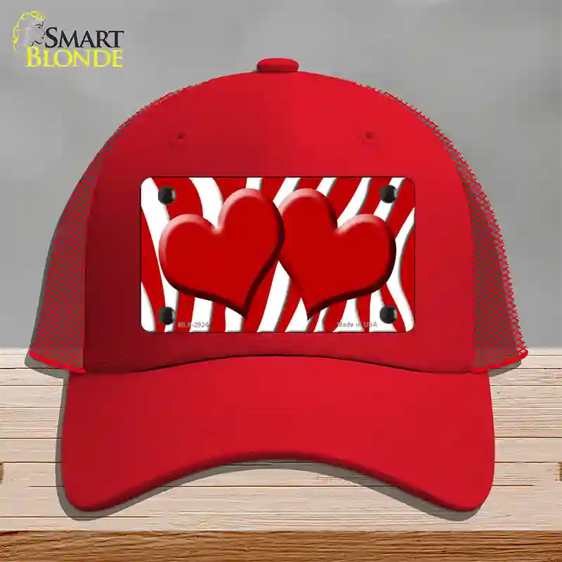 Red White Zebra Red Centered Hearts Novelty License Plate Hat Mesh / Red