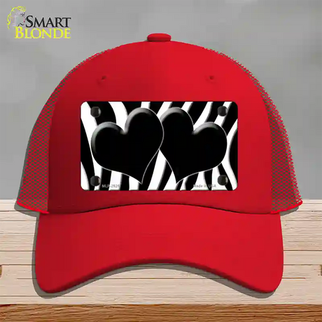 Black White Zebra Black Centered Hearts Novelty License Plate Hat Mesh / Red