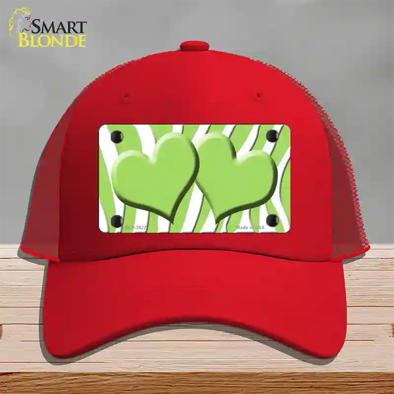 Lime Green White Zebra Lime Green Centered Hearts Novelty License Plate Hat Mesh / Red