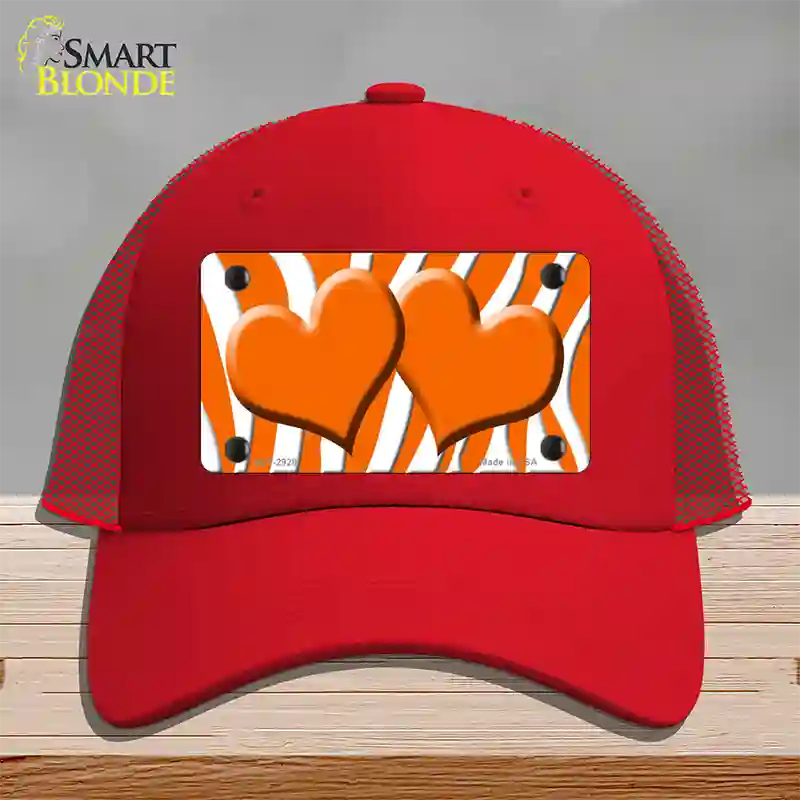 Orange White Zebra Orange Centered Hearts Novelty License Plate Hat Mesh / Red