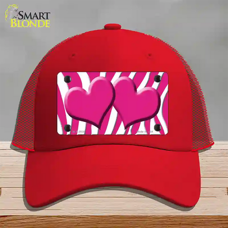 Pink White Zebra Pink Centered Hearts Novelty License Plate Hat Mesh / Red