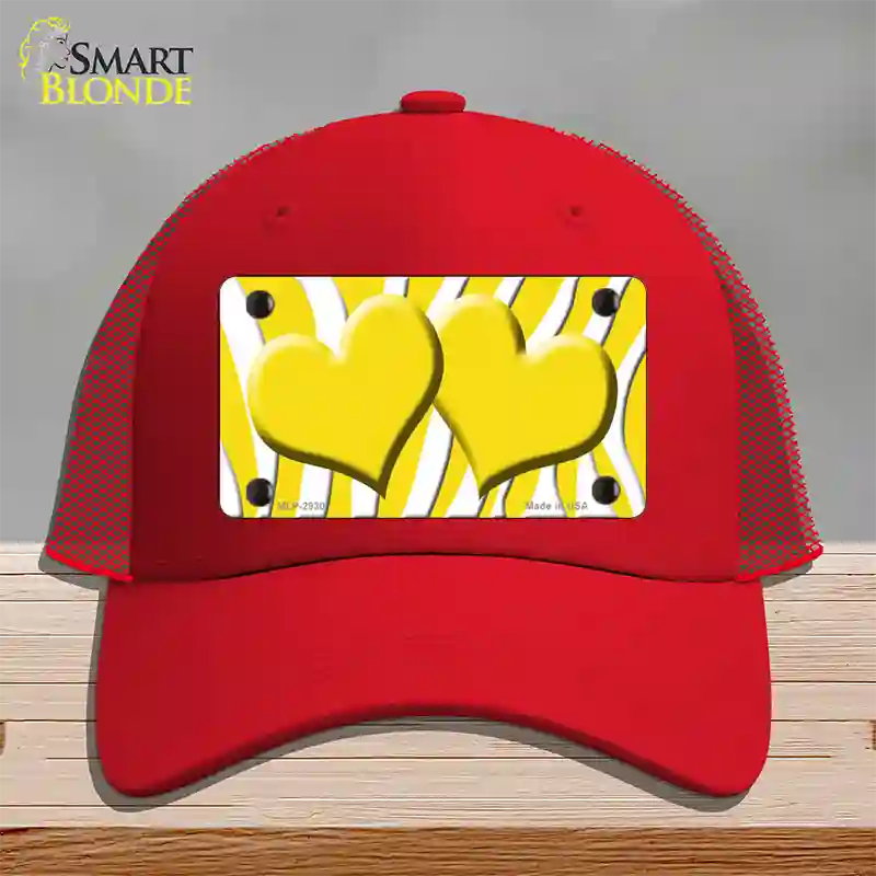 Yellow White Zebra Yellow Centered Hearts Novelty License Plate Hat Mesh / Red