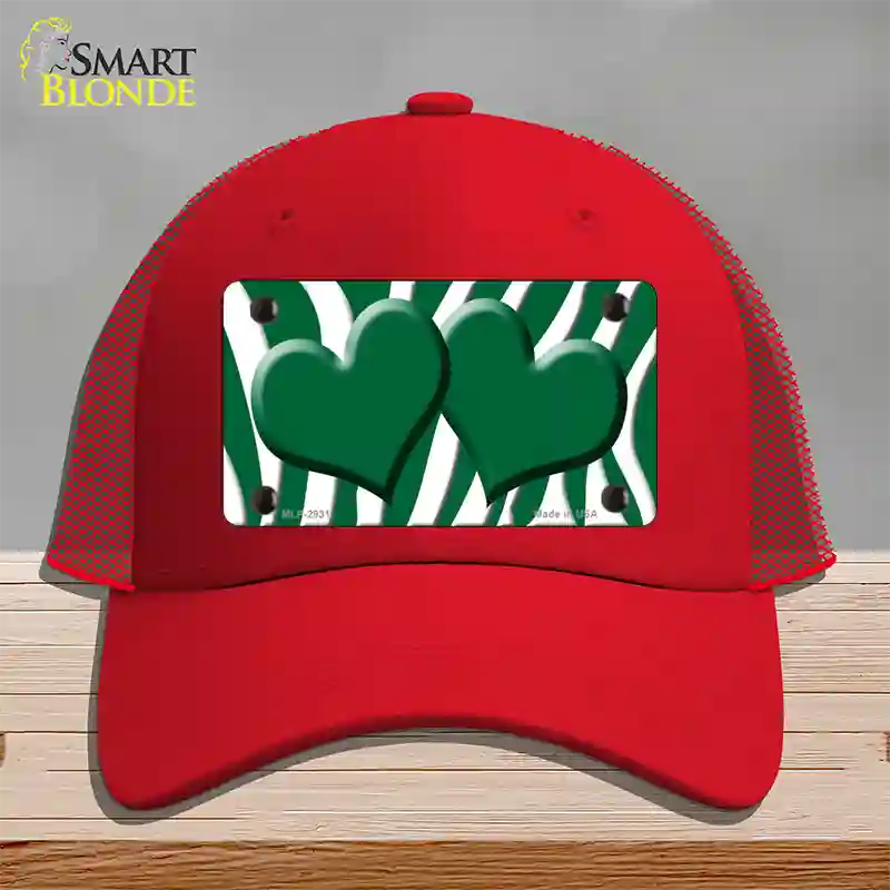 Green White Zebra Green Centered Hearts Novelty License Plate Hat Mesh / Red