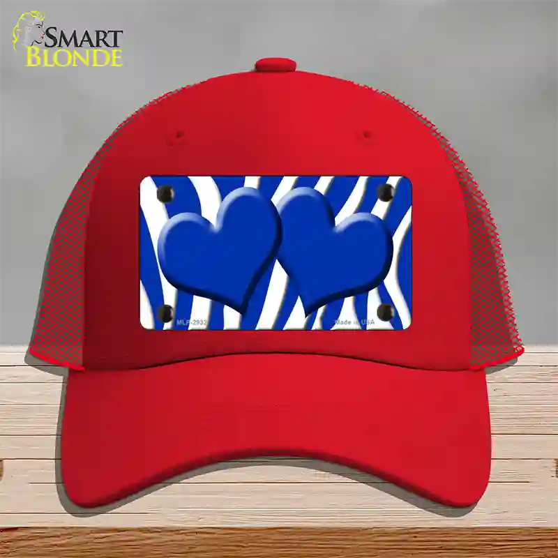 Blue White Zebra Blue Centered Hearts Novelty License Plate Hat Mesh / Red