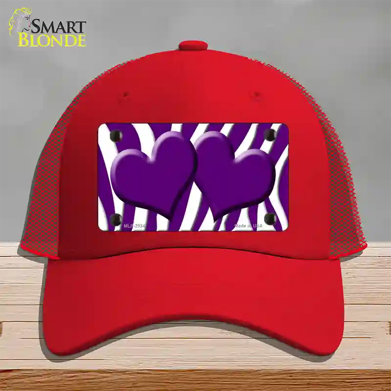 Purple White Zebra Purple Centered Hearts Novelty License Plate Hat Mesh / Red