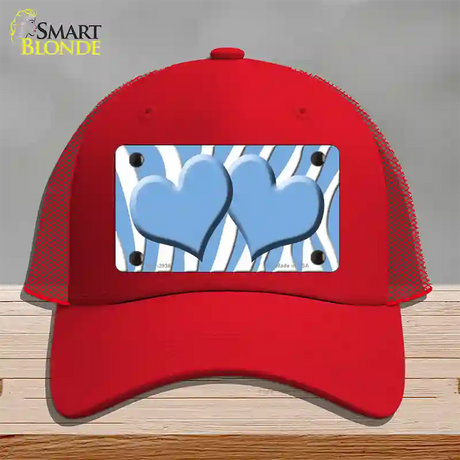 Light Blue White Zebra Light Blue Centered Hearts Novelty License Plate Hat Mesh / Red