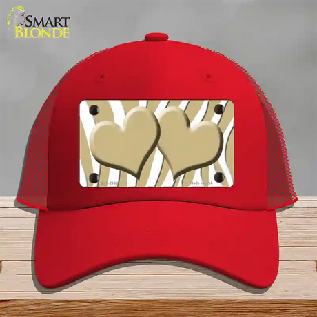 Gold White Zebra Gold Centered Hearts Novelty License Plate Hat Mesh / Red