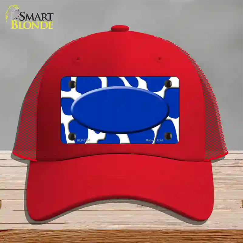 Blue White Giraffe Blue Center Oval Novelty License Plate Hat Mesh / Red