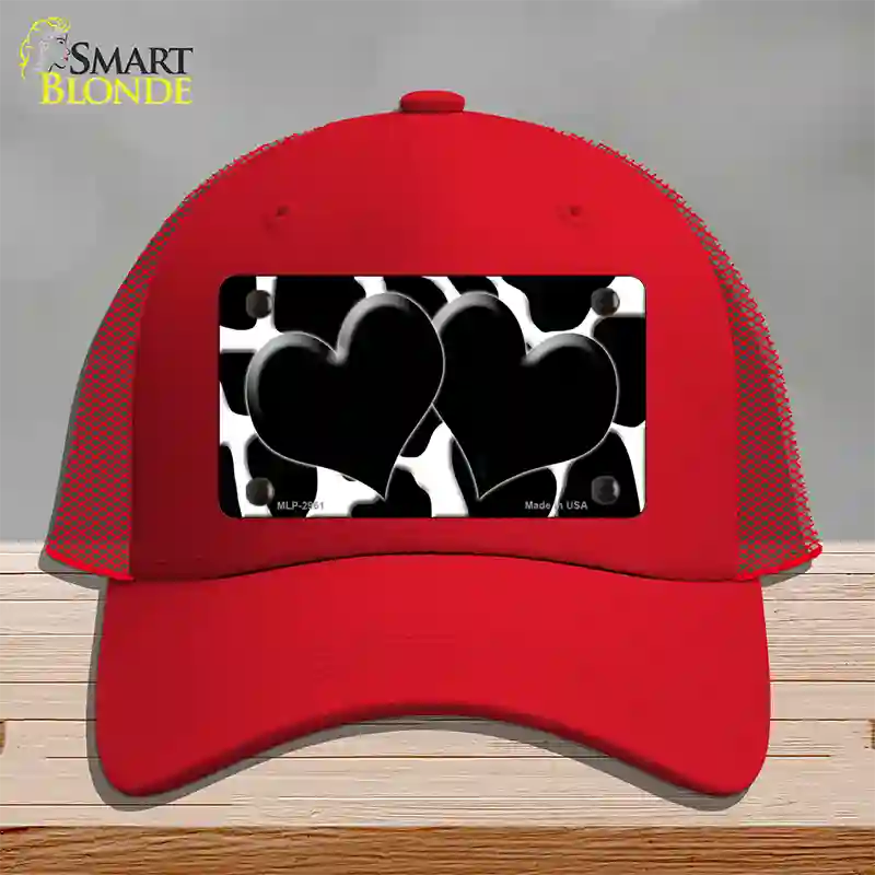 Black White Giraffe Black Centered Hearts Novelty License Plate Hat Mesh / Red