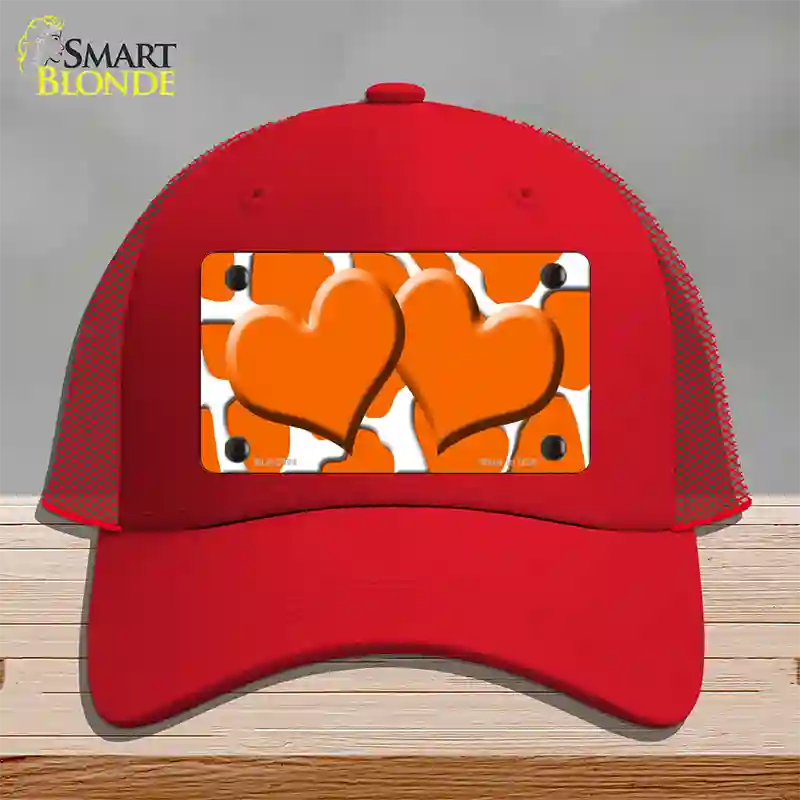 Orange White Giraffe Orange Centered Hearts Novelty License Plate Hat Mesh / Red