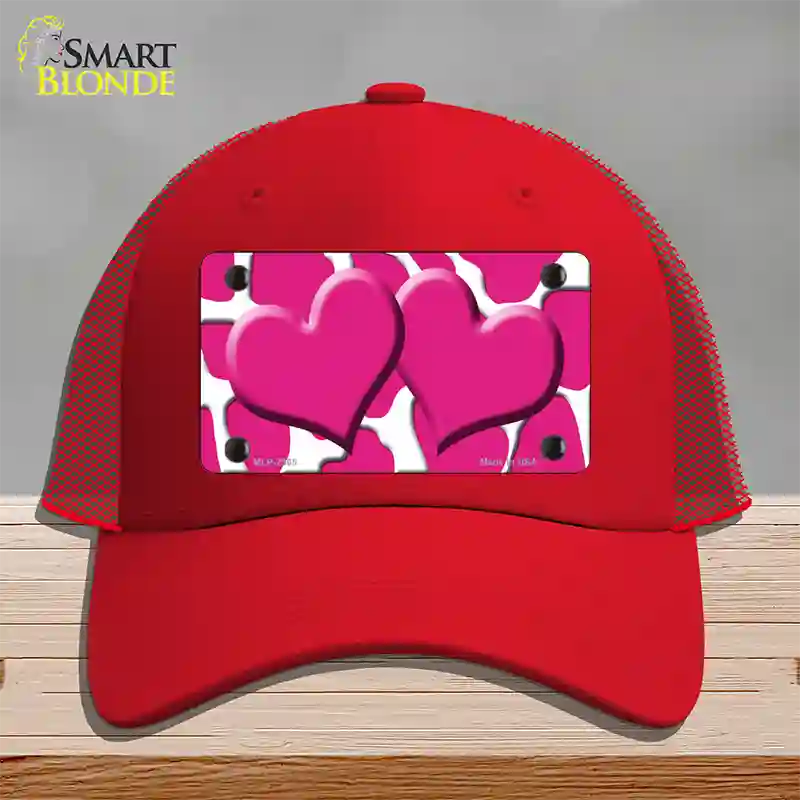 Pink White Giraffe Pink Centered Hearts Novelty License Plate Hat Mesh / Red