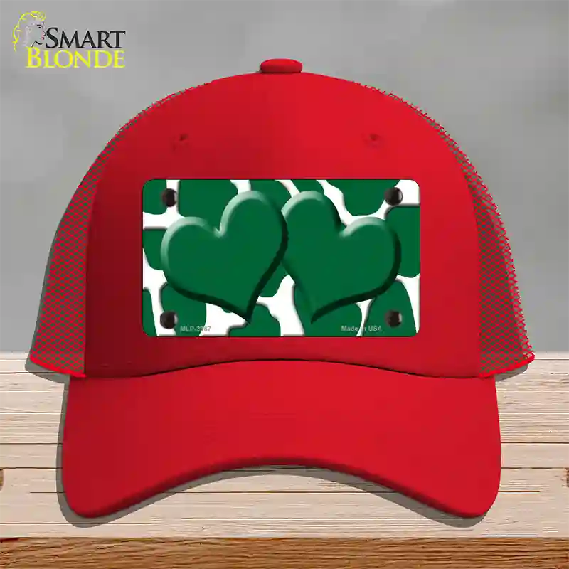 Green White Giraffe Green Centered Hearts Novelty License Plate Hat Mesh / Red