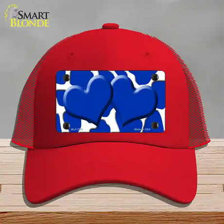 Blue White Giraffe Blue Centered Hearts Novelty License Plate Hat Mesh / Red