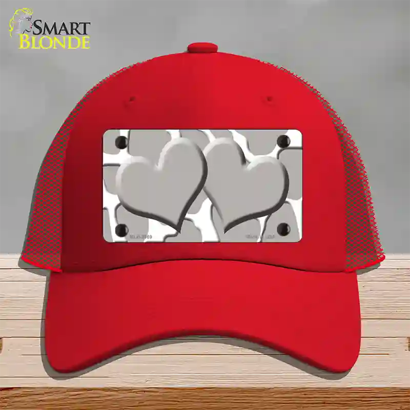 Grey White Giraffe Grey Centered Hearts Novelty License Plate Hat Mesh / Red