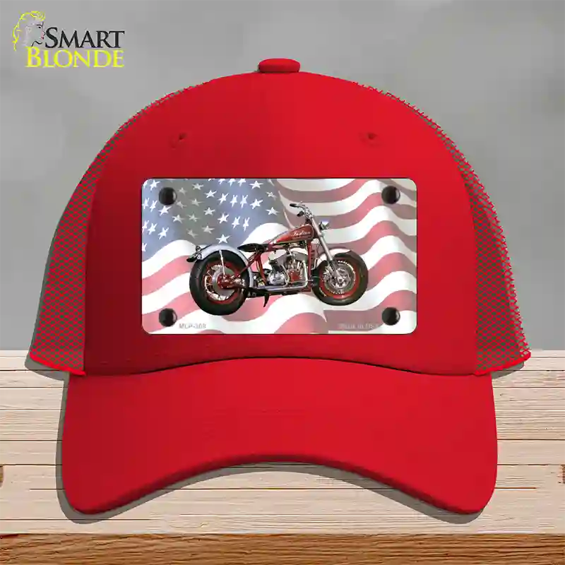 Indian Motorcycle American Flag Novelty License Plate Hat Mesh / Red