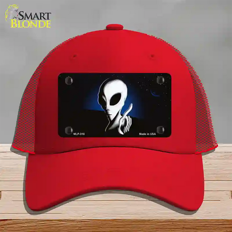 Space Alien Novelty License Plate Hat Mesh / Red