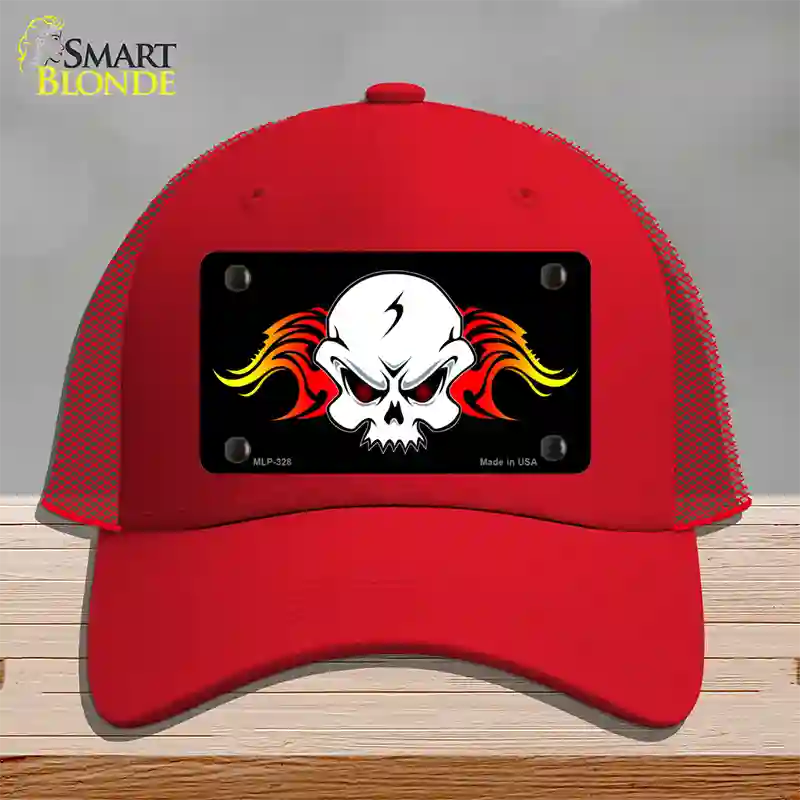 Skull Flame Novelty License Plate Hat Mesh / Red