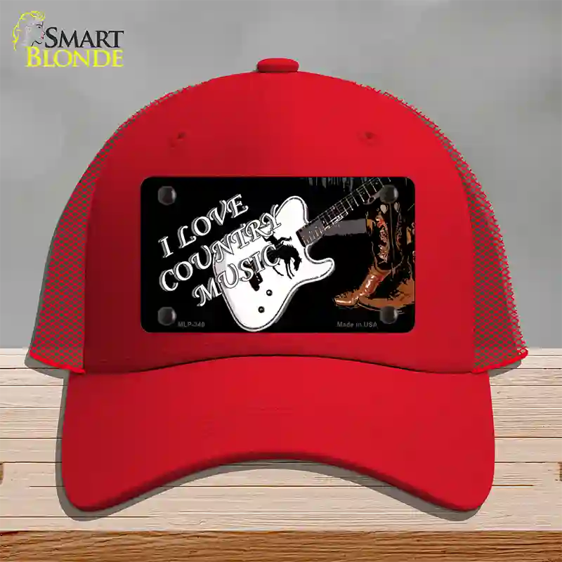 I Love Country Music Novelty License Plate Hat Mesh / Red