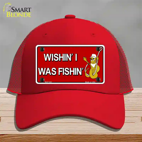 Wishin I Was Fishin Red Novelty License Plate Hat Mesh / Red