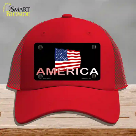 American Flag Black Novelty License Plate Hat Mesh / Red