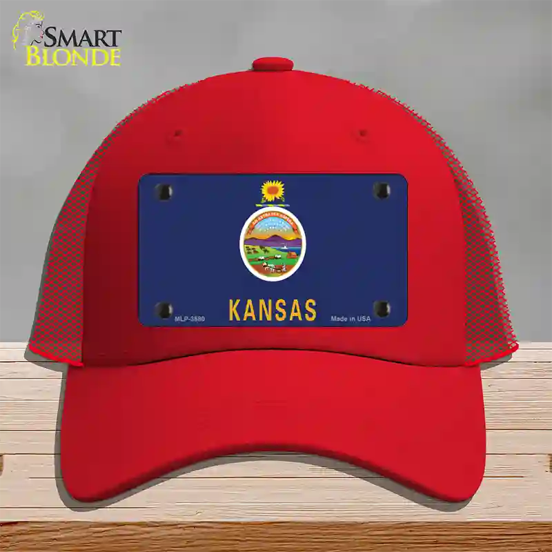 Kansas State Flag Novelty License Plate Hat Mesh / Red