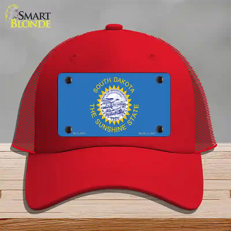 South Dakota State Flag Novelty License Plate Hat Mesh / Red