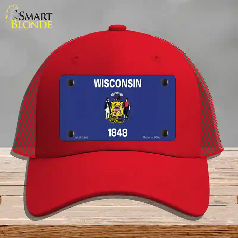 Wisconsin State Flag Novelty License Plate Hat Mesh / Red