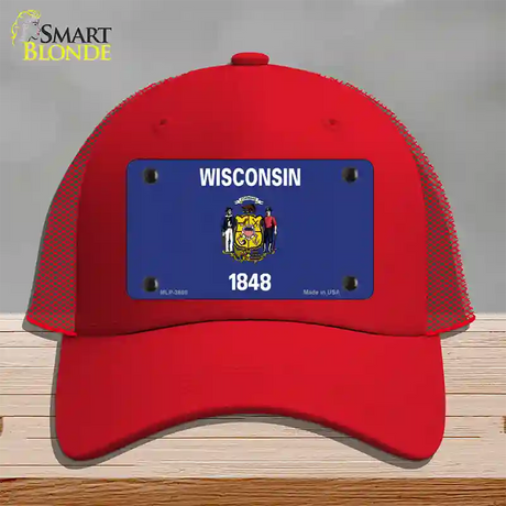 Wisconsin State Flag Novelty License Plate Hat Mesh / Red