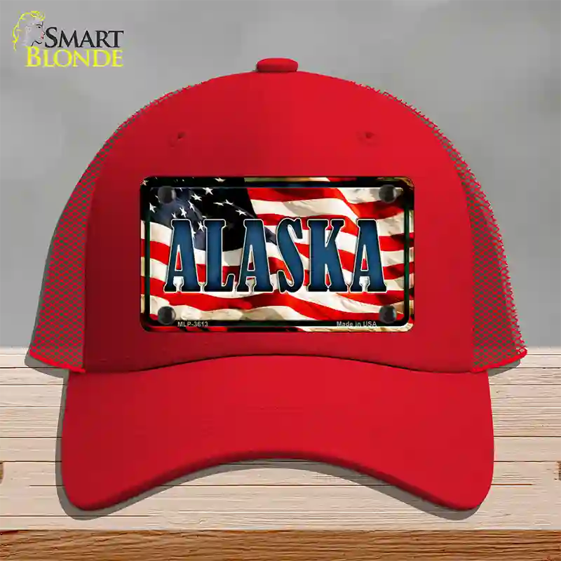 Alaska USA Novelty License Plate Hat Mesh / Red