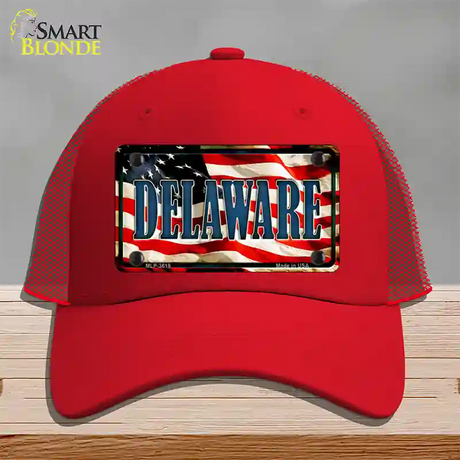 Delaware USA Novelty License Plate Hat Mesh / Red