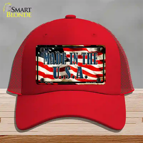 Made In The USA Flag Novelty License Plate Hat Mesh / Red