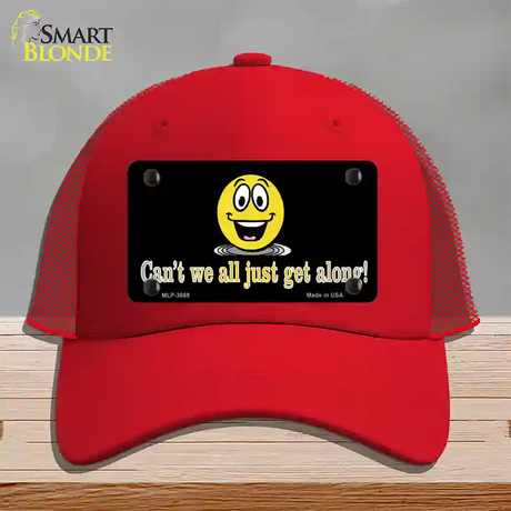 Cant We All Get Along Novelty License Plate Hat Mesh / Red