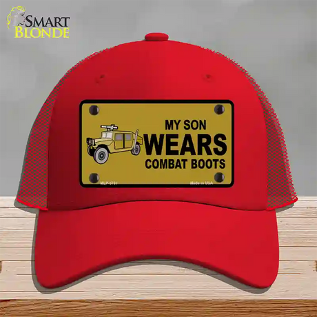 Son Wears Combat Boots Novelty License Plate Hat Mesh / Red