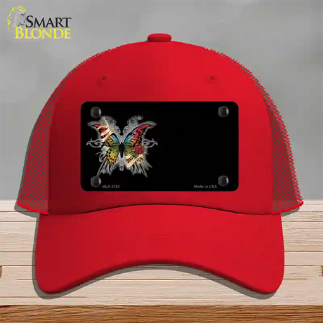 Butterfly Offset Novelty License Plate Hat Mesh / Red