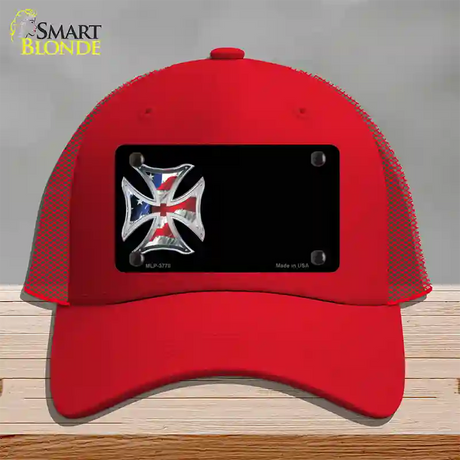 American Flag Maltese Cross Offset Novelty License Plate Hat Mesh / Red