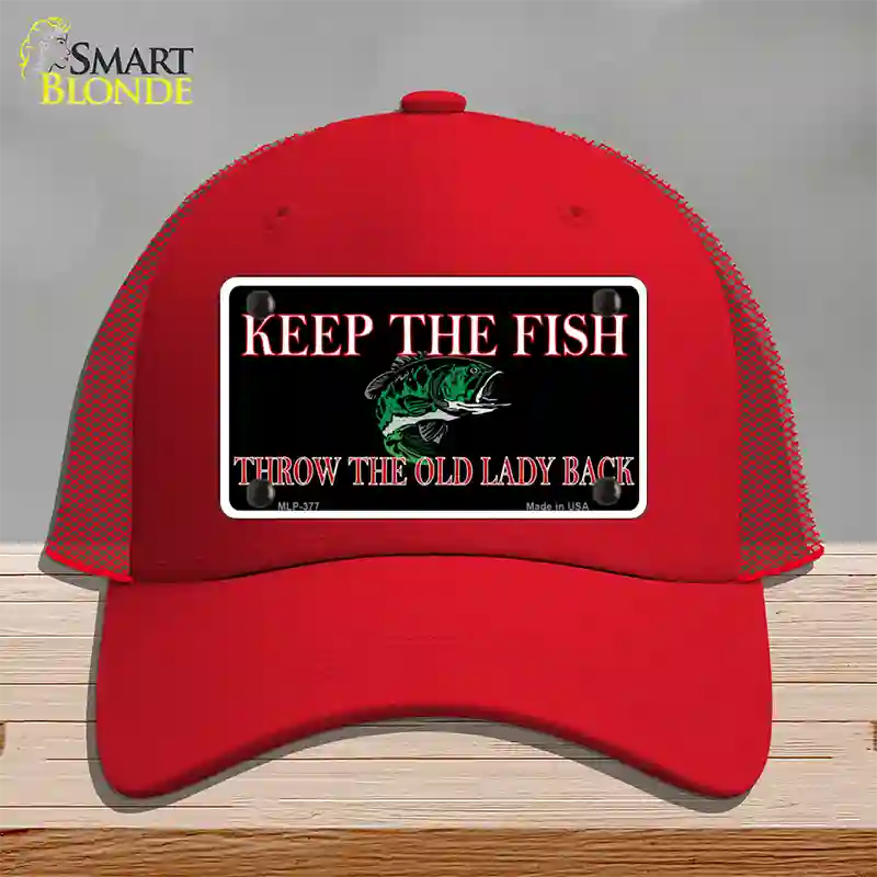 Keep the Fish Novelty License Plate Hat Mesh / Red