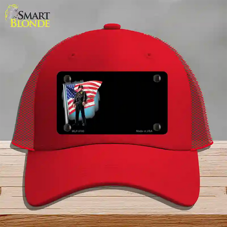 Police Officer American Flag Offset Novelty License Plate Hat Mesh / Red