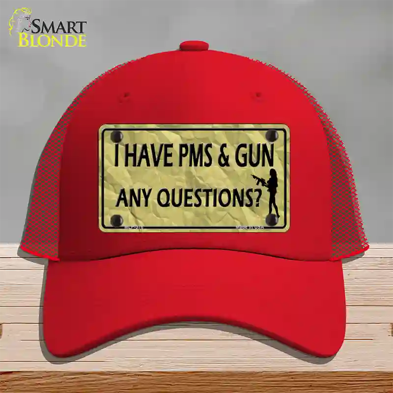 PMS And A Gun Novelty License Plate Hat Mesh / Red