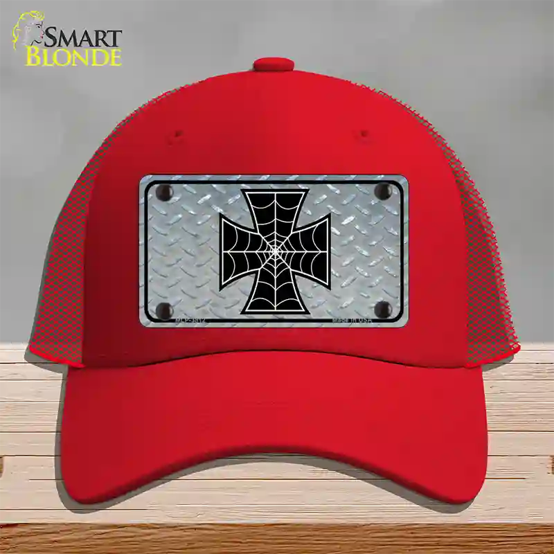 Maltese Cross Spider Web Novelty License Plate Hat Mesh / Red