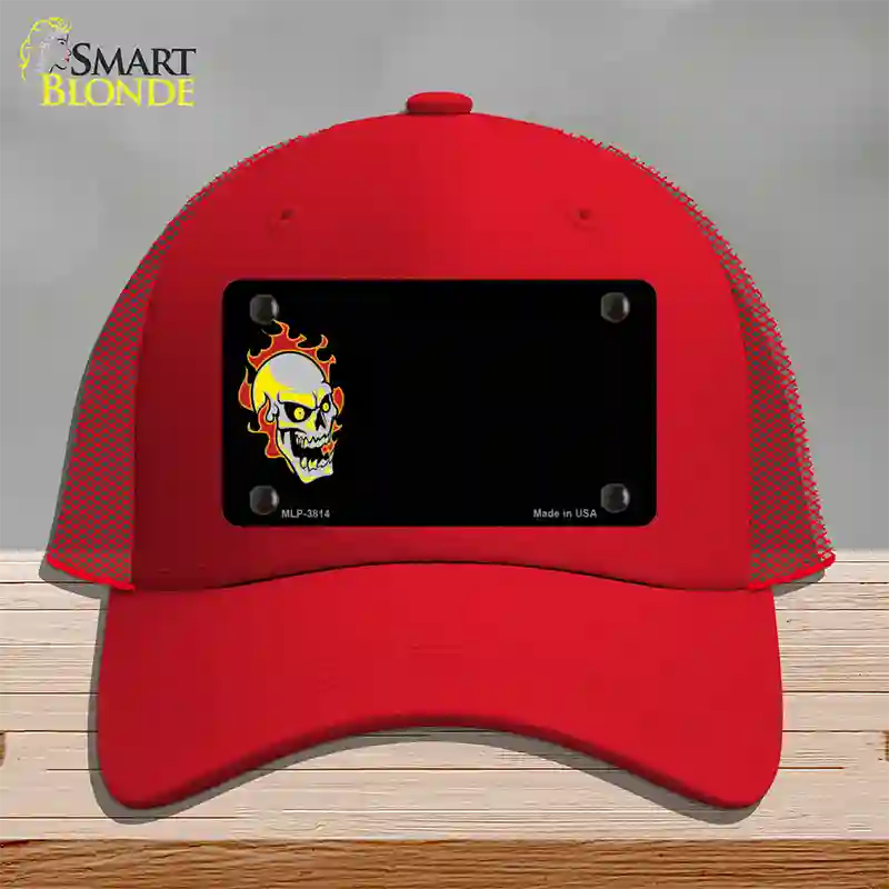 Flaming Skull Offset Novelty License Plate Hat Mesh / Red