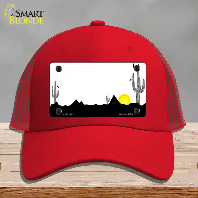 Southwest Cactus Sunrise White Novelty License Plate Hat Mesh / Red