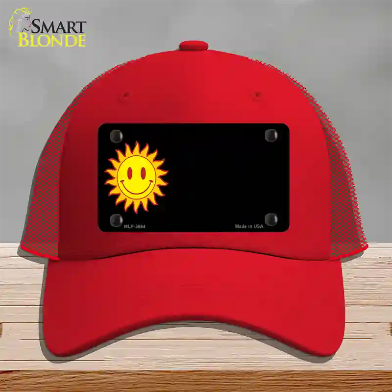 Sun Smiley Offset Novelty License Plate Hat Mesh / Red