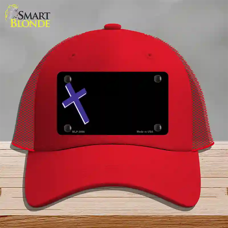 Purple Cross Offset Novelty License Plate Hat Mesh / Red